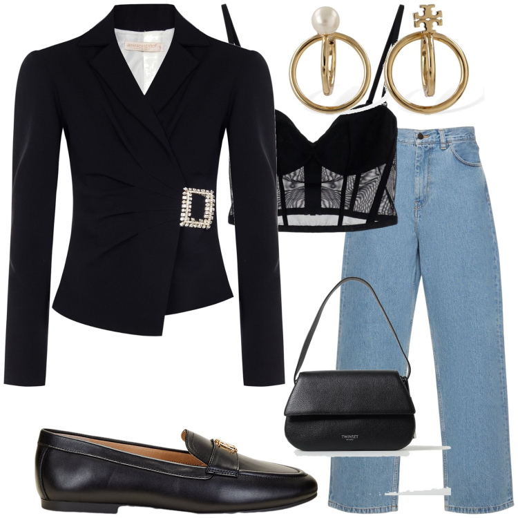 Outfit donna - Jeans. Stile Bon Ton per Tutti i giorni. look ideale per Petite. Abbinamento con blazer, top, mocassini, jeans, borse a spalla, orecchini.