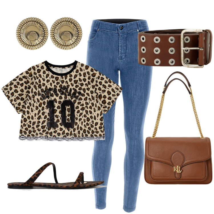Outfit donna - Animalier. Stile Bon Ton per Tutti i giorni. look ideale per Petite. Abbinamento con jeans skinny, cinture, felpe, borse a spalla, sandali, orecchini.