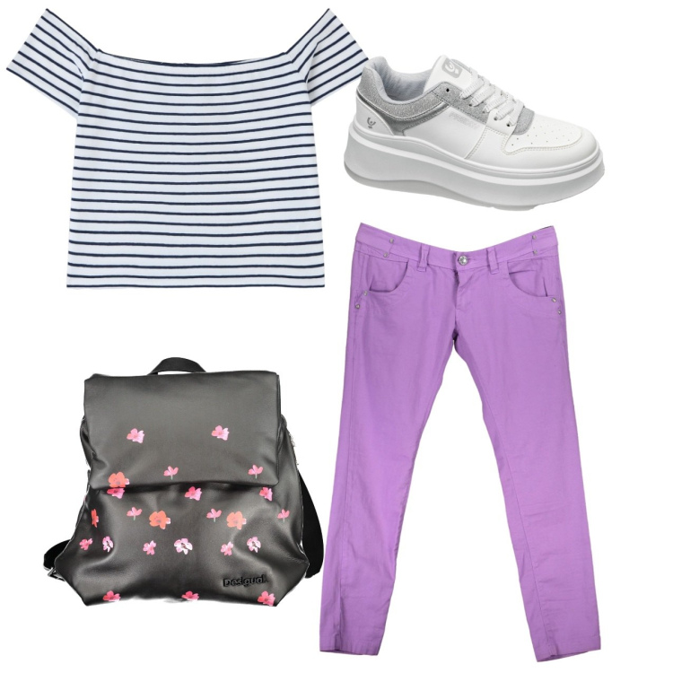 Outfit donna - Girl. Stile Basic per Scuola/Università. Abbinamento con t-shirt, sneakers, zaini, pantaloni.