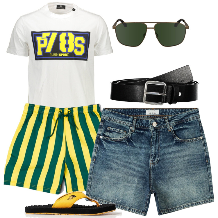 Outfit uomo - Total look #1902201. Stile Casual per Mare. Abbinamento con shorts, cinture, t-shirt, occhiali da sole, costumi, sandali.