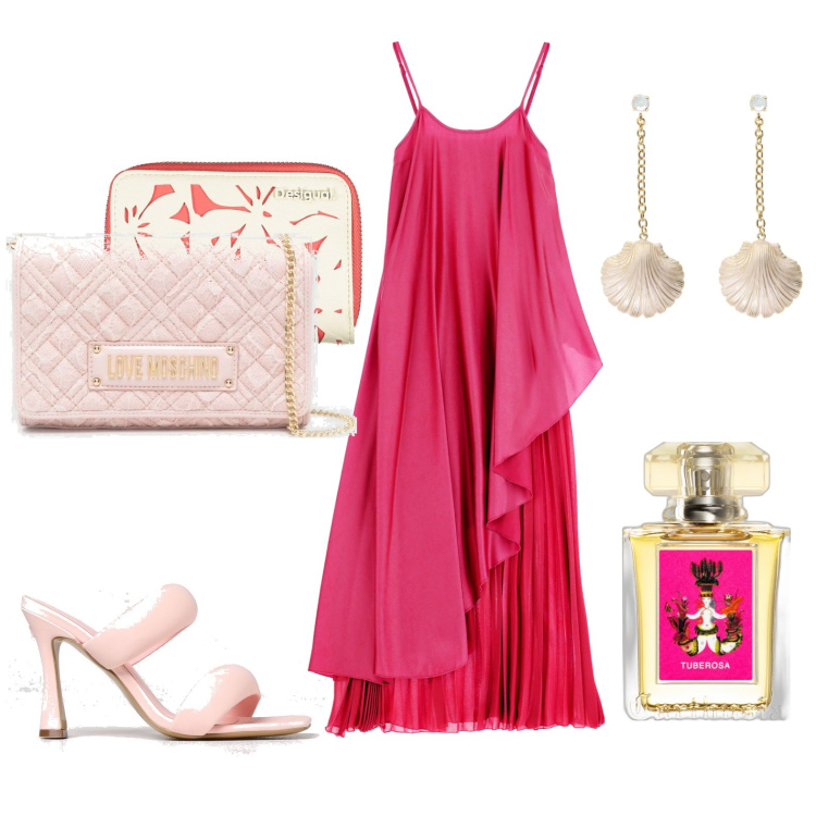 Outfit donna - Total look #1902209. Stile Chic per Serata fuori. Abbinamento con profumi, vestiti lunghi, orecchini, sandali in pelle, borse a tracolla, portafogli.