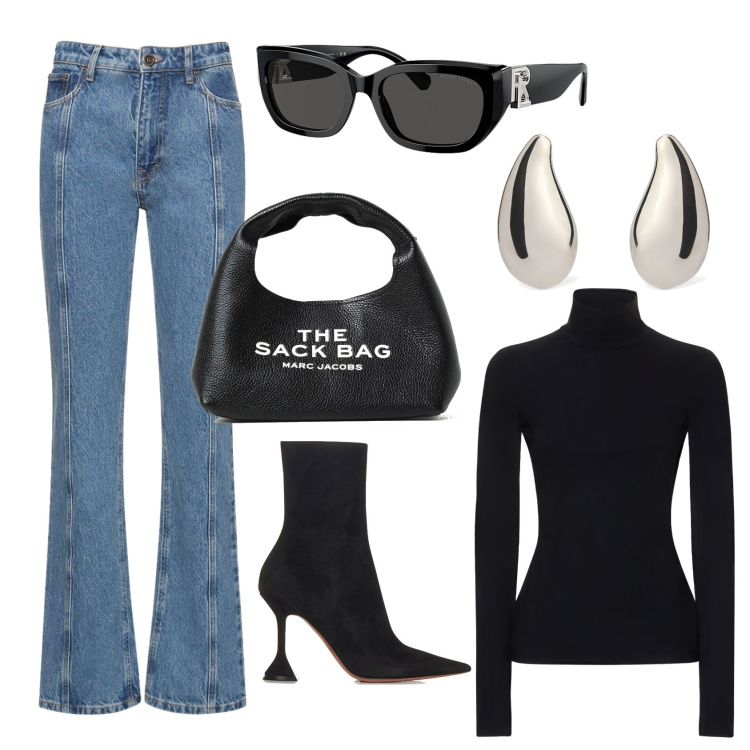 Outfit donna - 007. Stile Casual chic per Tutti i giorni. Abbinamento con occhiali da sole, jeans dritti, top, stivaletti, pochette, orecchini.