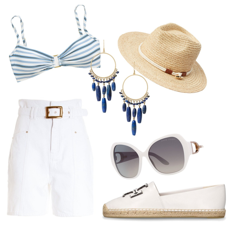 Outfit donna - In barca. Abbinamento con bermuda, occhiali da sole, sciarpe, orecchini, top, espadrillas.