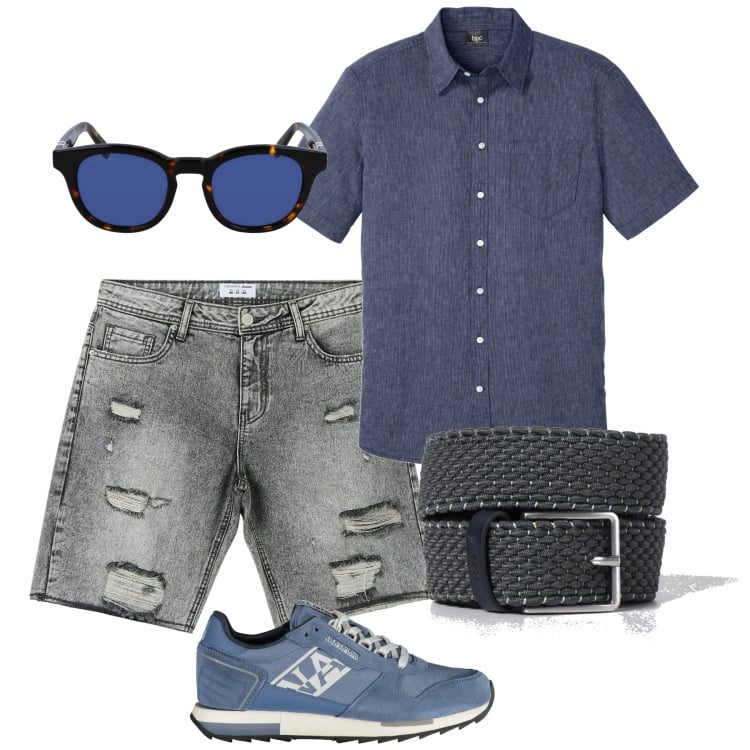 Outfit uomo - Basic in corto. Stile Casual per Tutti i giorni. Abbinamento con camicie a manica corta, shorts, cinture, sneakers, occhiali da sole.