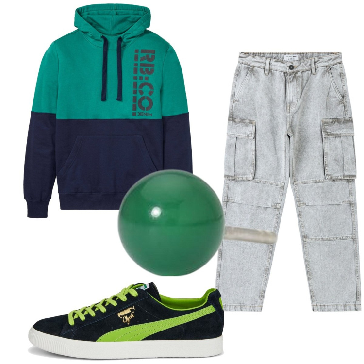 Outfit uomo - Total look #1902243. Stile Urban per Tutti i giorni. Abbinamento con felpe con cappuccio, jeans, orecchini, sneakers.
