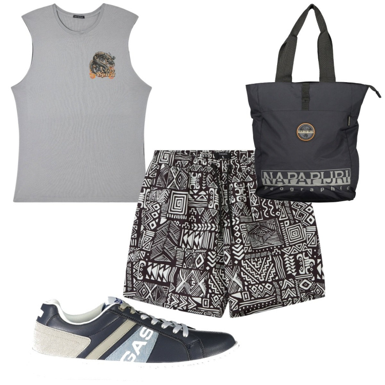 Outfit uomo - Total look #1902245. Stile Trendy per Tutti i giorni. Abbinamento con canottiere, bermuda, borse sportive, sneakers.