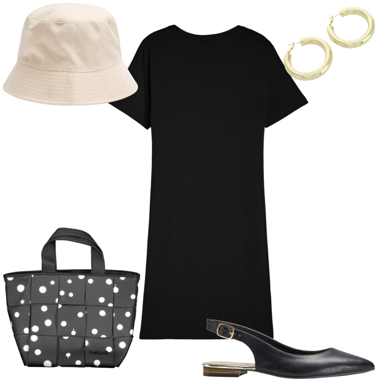 Outfit donna - Comoda mattinata. Stile Basic per Tutti i giorni. Abbinamento con ballerine, cappelli, orecchini, vestiti, borse a spalla.