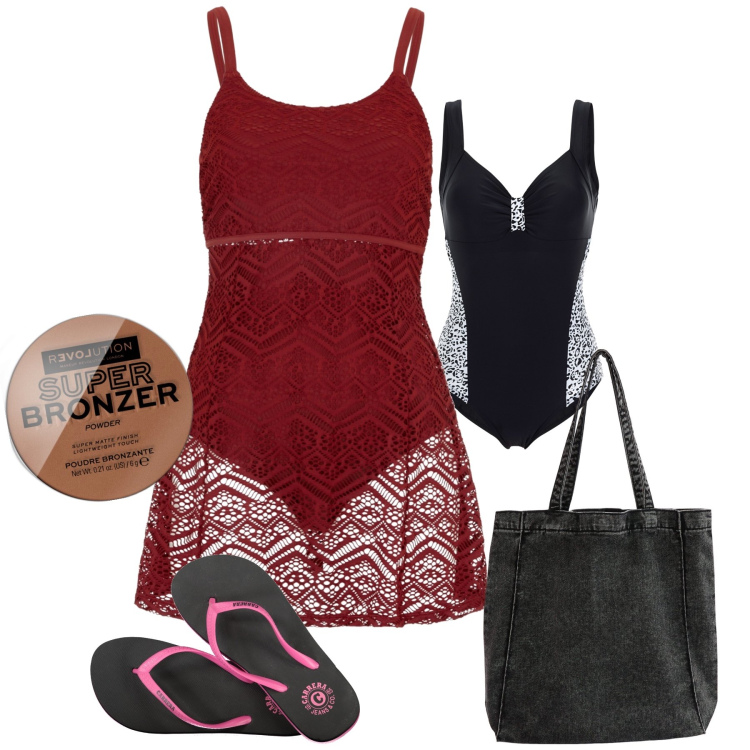 Outfit donna - Low cost sea. Stile Basic per Mare. Abbinamento con vestiti da spiaggia, costumi interi, terre, shopping bag, infradito.