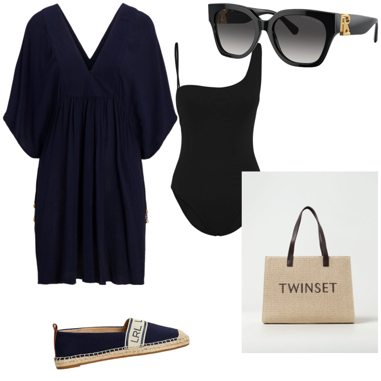 Outfit donna - Pure al mare sempre chic. Stile Chic per Mare. Abbinamento con occhiali da sole, espadrillas, vestiti da spiaggia, costumi interi, borse tote.