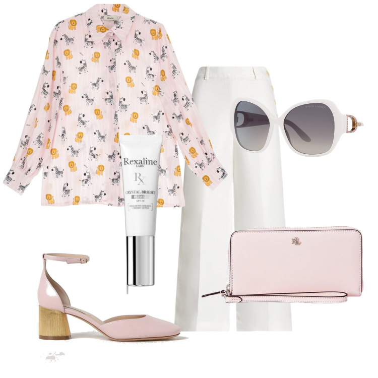 Outfit donna - Primer e poi. Stile Chic per Ufficio. Abbinamento con primer, camicie, occhiali da sole, pochette, pantaloni, scarpe col tacco.