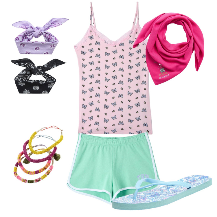 Outfit donna - Coloratissimo relax. Stile Trendy per Tutti i giorni. Abbinamento con braccialetti, shorts, infradito, fasce per capelli, foulard, canottiere.