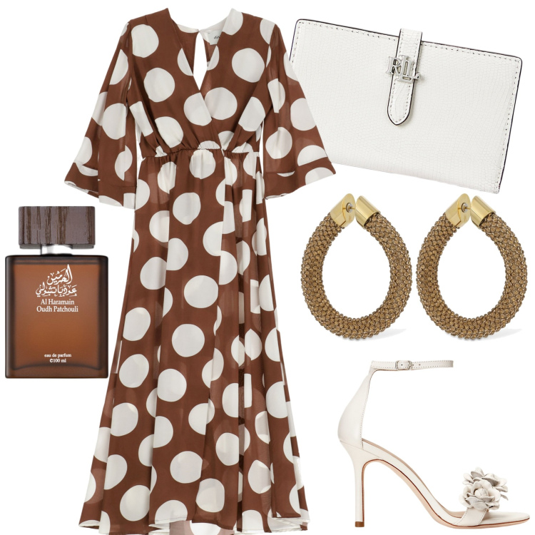 Outfit donna - Modalità vacanza. Stile Chic per Serata fuori. Abbinamento con profumi, vestiti lunghi, sandali in pelle, portafogli, orecchini.