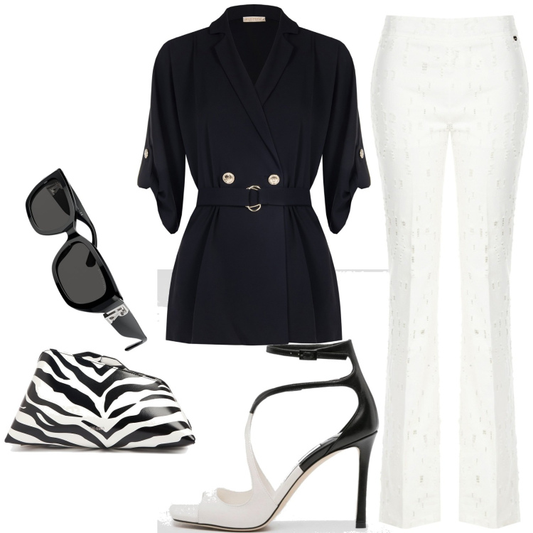 Outfit donna - Sandalì Jimmy Choo. Stile Chic per Tutti i giorni. Abbinamento con blazer, pantaloni, canottiere, occhiali da sole, sandali col tacco, pochette.