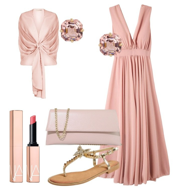 Outfit donna - Brilla con i sandali gioiello. Stile Chic per Cerimonia. Abbinamento con rossetti, vestiti lunghi, sandali gioiello, stole, pochette, orecchini.