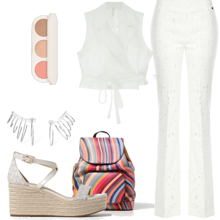 Outfit donna - Pantaloni Flared in Denim. Stile Casual per Tutti i giorni. Abbinamento con terre, pantaloni, top, orecchini, zaini, espadrillas.