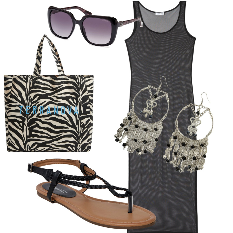 Outfit donna - Borsa zebrata. Stile Casual chic per Tutti i giorni. Abbinamento con borse tote, ciabatte, vestiti lunghi, orecchini, occhiali da sole.