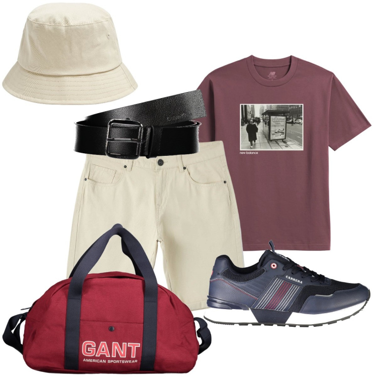 Outfit uomo - Week-end fuori con gli amici. Stile Casual per Mare. Abbinamento con cappelli, pantaloni, t-shirt, sneakers, borse sportive, cinture.