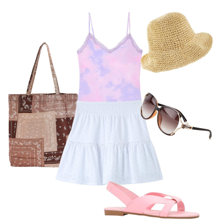 Outfit donna - Il cappellino per il sole. Stile Casual chic per Tutti i giorni. Abbinamento con occhiali da sole, cappelli, sandali, top, gonne, shopping bag.