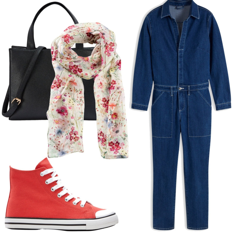 Outfit donna - Jeans. Stile Basic per Tutti i giorni. look ideale per Petite. Abbinamento con foulard, tute, sneakers alte, shopping bag.