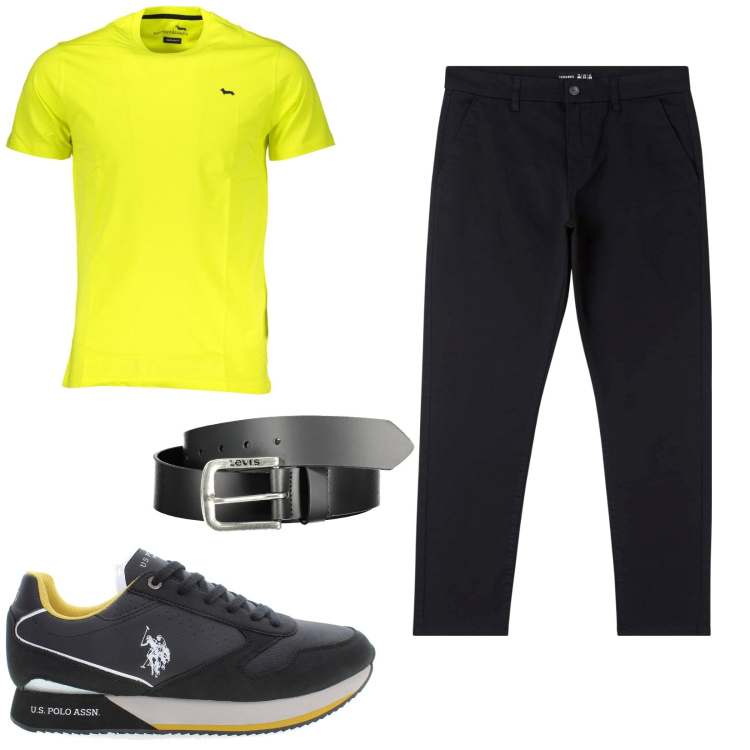 Outfit uomo - La maglietta fluo. Stile Casual per Tutti i giorni. Abbinamento con pantaloni skinny, cinture, scarpe sportive, t-shirt.