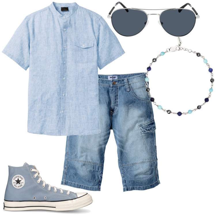 Outfit uomo - Colazione al bar vicino casa. Stile Trendy per Tutti i giorni. Abbinamento con camicie a manica corta, bermuda, braccialetti, occhiali da sole, sneakers.