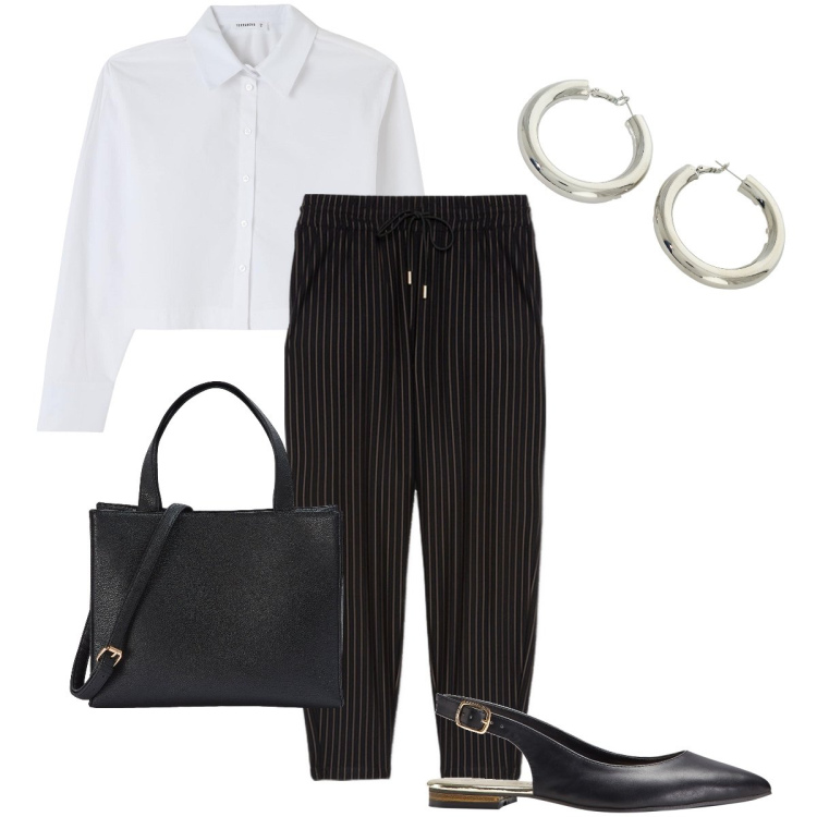 Outfit donna - Non fa una piega. Stile Mannish per Ufficio. Abbinamento con ballerine, shopping bag, camicie, pantaloni, orecchini.