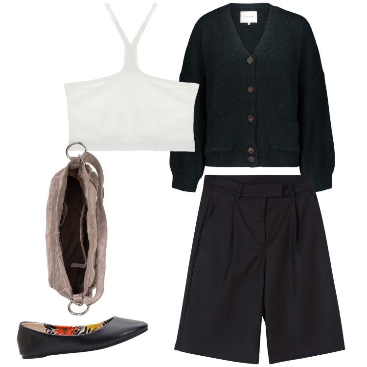 Outfit donna - Un golfino di primo mattino. Stile Basic per Tutti i giorni. Abbinamento con ballerine, borse a mano, bermuda, top, cardigans.