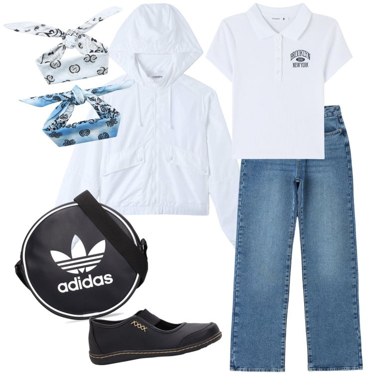 Outfit donna - Temporale. Stile Casual chic per Tutti i giorni. Abbinamento con ballerine, jeans dritti, fasce per capelli, polo, blazer, borse a spalla.