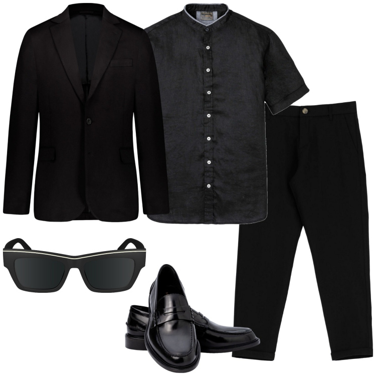 Outfit uomo - Total black per la cena. Stile Business/Elegante per Serata speciale. Abbinamento con camicie a manica corta, pantaloni, scarpe stringate, giacche, occhiali da sole.