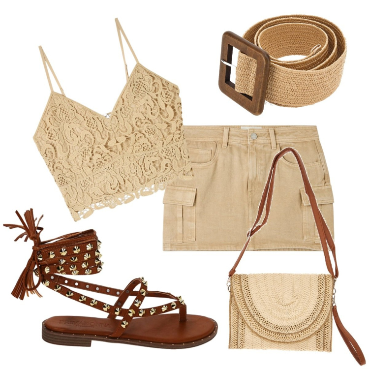 Outfit donna - Best shop bantoa. Stile Boho per Tutti i giorni. Abbinamento con minigonne, top, sandali, borse a tracolla, cinture.