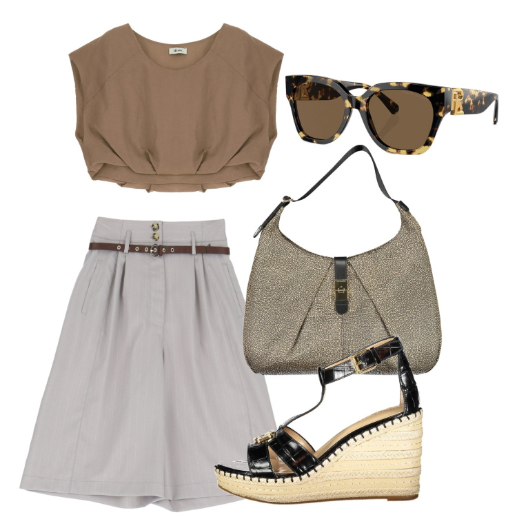 Outfit donna - Montpellier. Stile Bon Ton per Tutti i giorni. Abbinamento con bermuda, canottiere, occhiali da sole, borse a spalla, sandali.