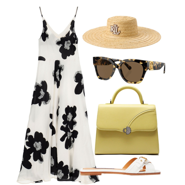 Outfit donna - Arles. Stile Bon Ton per Tutti i giorni. Abbinamento con vestiti midi/longuette, occhiali da sole, sandali col tacco, cappelli, borse a mano.