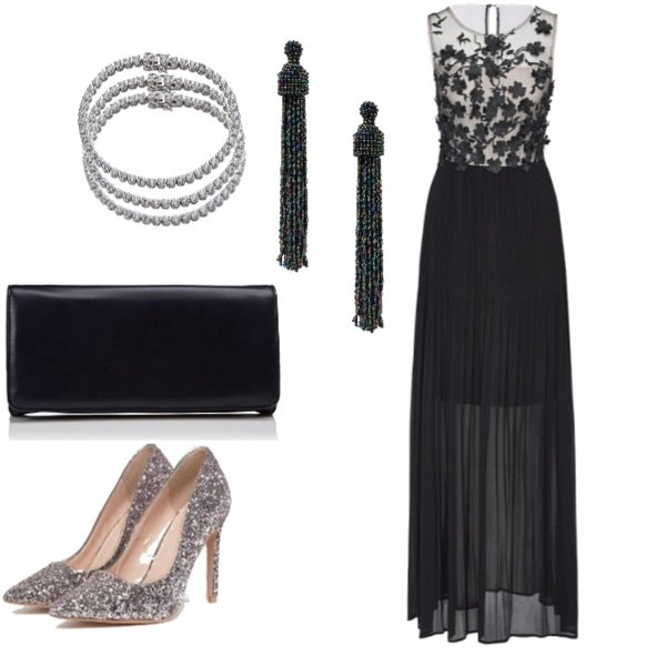 Outfit donna - Prima a teatro. Stile Chic per Serata fuori. Abbinamento con orecchini, vestito elegante nero, décolleté rosa, bracciale con zirconia argento, shopping bag taglia unica blu.