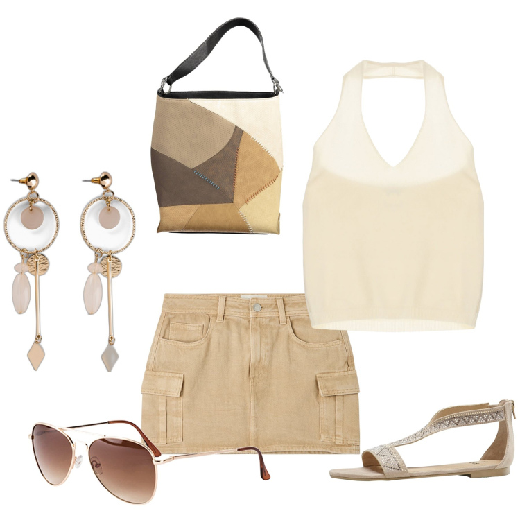 Outfit donna - Total look #1902430. Stile Casual per Tutti i giorni. Abbinamento con orecchini, occhiali da sole, sandali, minigonne, maglieria, borse a spalla.