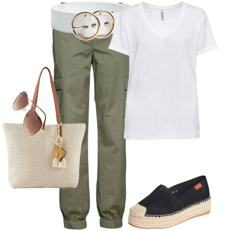 Outfit donna - Total look #1902431. Stile Casual per Tutti i giorni. Abbinamento con pantaloni cargo, t-shirt, occhiali da sole, shopping bag, espadrillas, cinture.