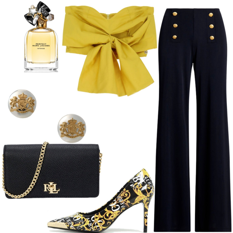 Outfit donna - Serata fuori. Stile Glamour per Serata fuori. Abbinamento con profumi, top, orecchini, pantaloni, borse a mano, scarpe col tacco.