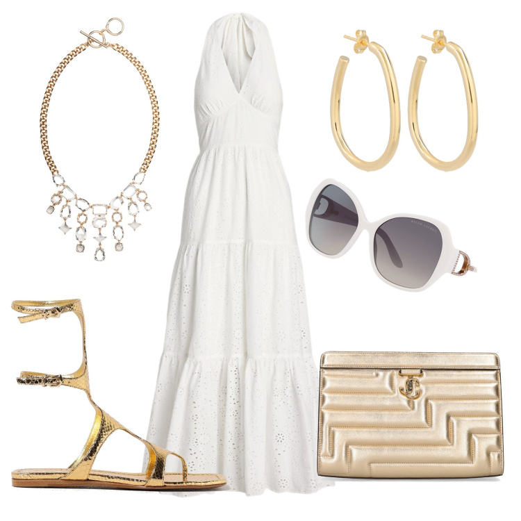 Outfit donna - Serata a Portofino. Stile Glamour per Serata fuori. Abbinamento con occhiali da sole, vestiti, collane, sandali in pelle, pochette, orecchini.