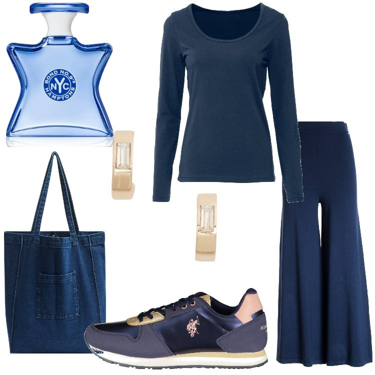 Outfit donna - Casual & Comfy. Stile Casual per Tutti i giorni. Abbinamento con t-shirt sportive, profumi, shopping bag, pantaloni, orecchini, scarpe sportive.