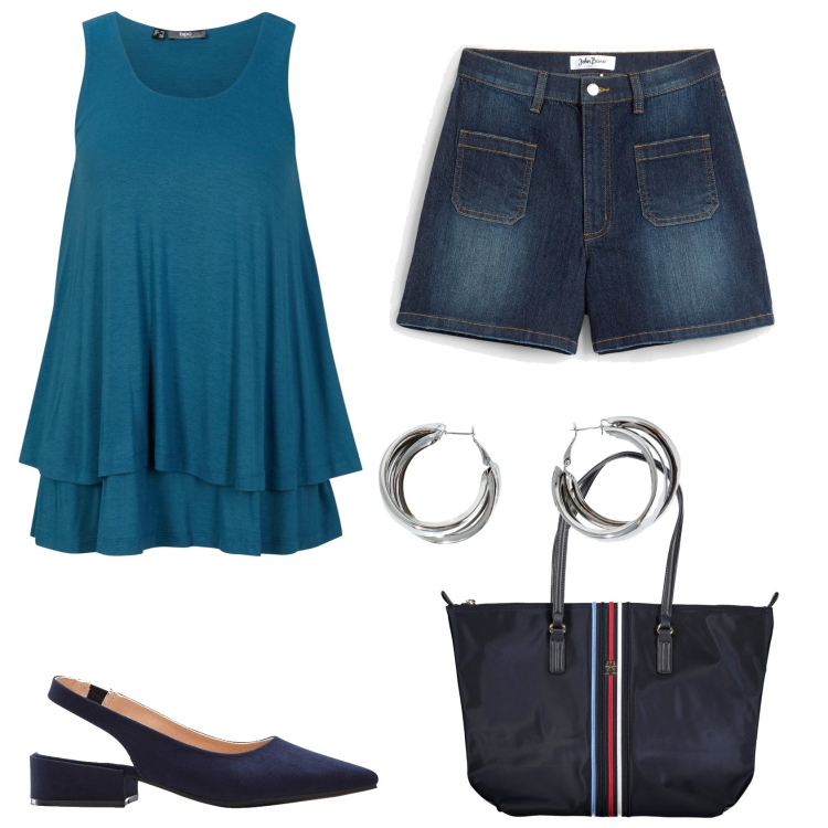 Outfit donna - Total look #1902499. Stile Casual per Tutti i giorni. Abbinamento con décolleté, top, shorts, orecchini, borse a spalla.