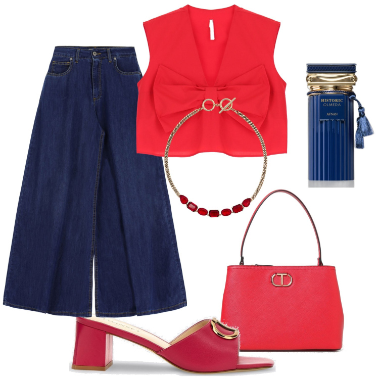 Outfit donna - Rosso con i jeans. Stile Casual chic per Tutti i giorni. Abbinamento con profumi, top, jeans, collane, borse a spalla, sandali col tacco.