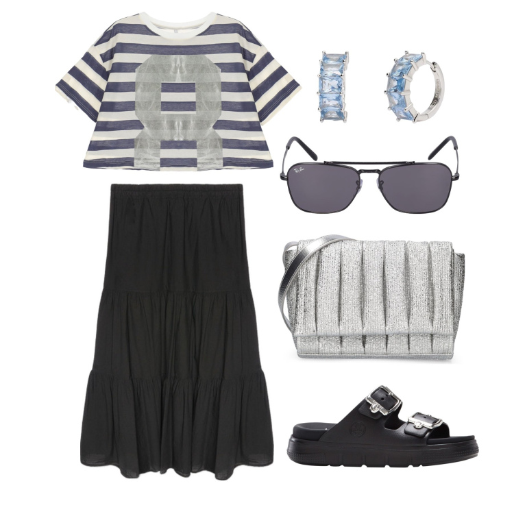 Outfit donna - Ghost outfitter - giugno. Stile Casual per Tutti i giorni. Abbinamento con ciabatte, orecchini, t-shirt, gonne lunghe, borse a spalla, occhiali da sole.