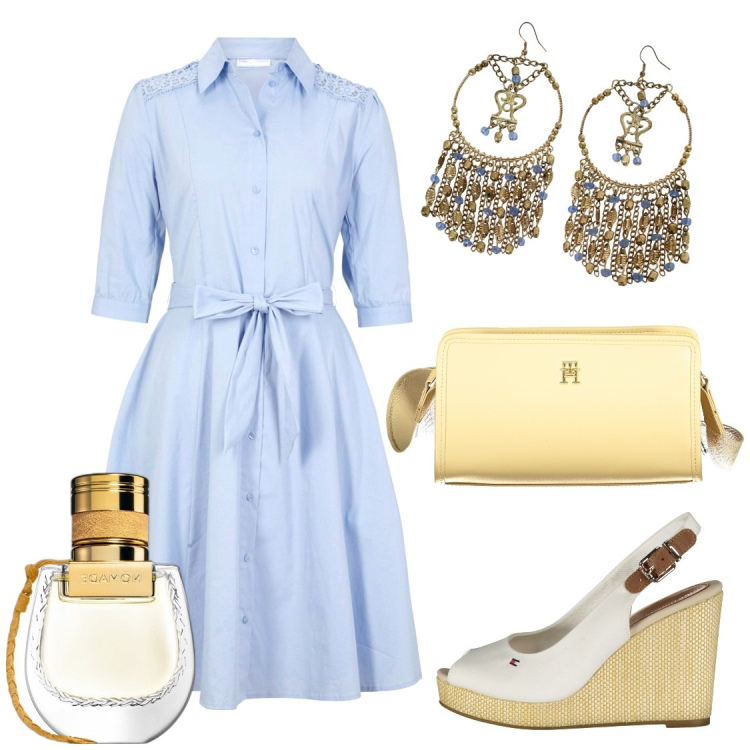 Outfit donna - L\'abito chemisier. Stile Bon Ton per Tutti i giorni. Abbinamento con vestiti chemisier, profumi, orecchini, sandali, borse a tracolla.