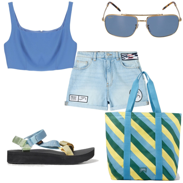 Outfit donna - Il jeans con il top. Stile Casual chic per Tutti i giorni. Abbinamento con shorts, top, sandali, borse a spalla, occhiali da sole.