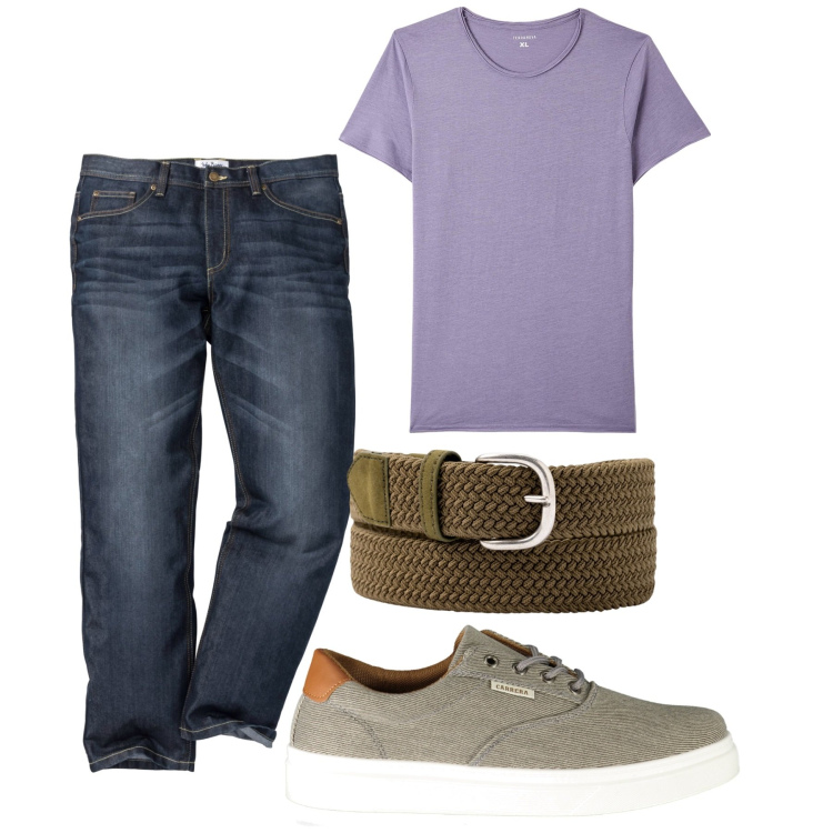 Outfit uomo - City. Stile Casual per Tutti i giorni. Abbinamento con jeans dritti, t-shirt, cinture, sneakers.