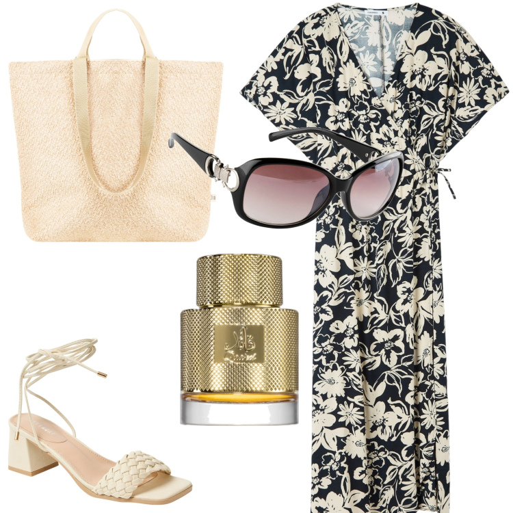 Outfit donna - Tutti i giorni. Stile Minimal per Tutti i giorni. Abbinamento con occhiali da sole, profumi, vestiti lunghi, sandali alla schiava, borse tote.