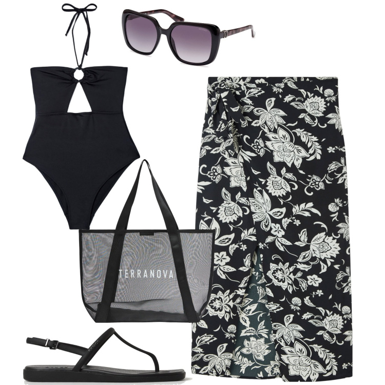 Outfit donna - In spiaggia. Stile Casual chic per Mare. Abbinamento con vestiti da spiaggia, costumi interi, shopping bag, occhiali da sole, sandali.