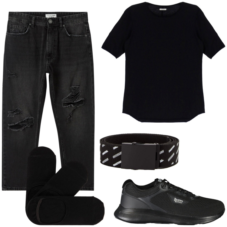 Outfit uomo - Total look #1902567. Stile Casual per Tutti i giorni. Abbinamento con jeans strappati, calzini, cinture, t-shirt, sneakers.