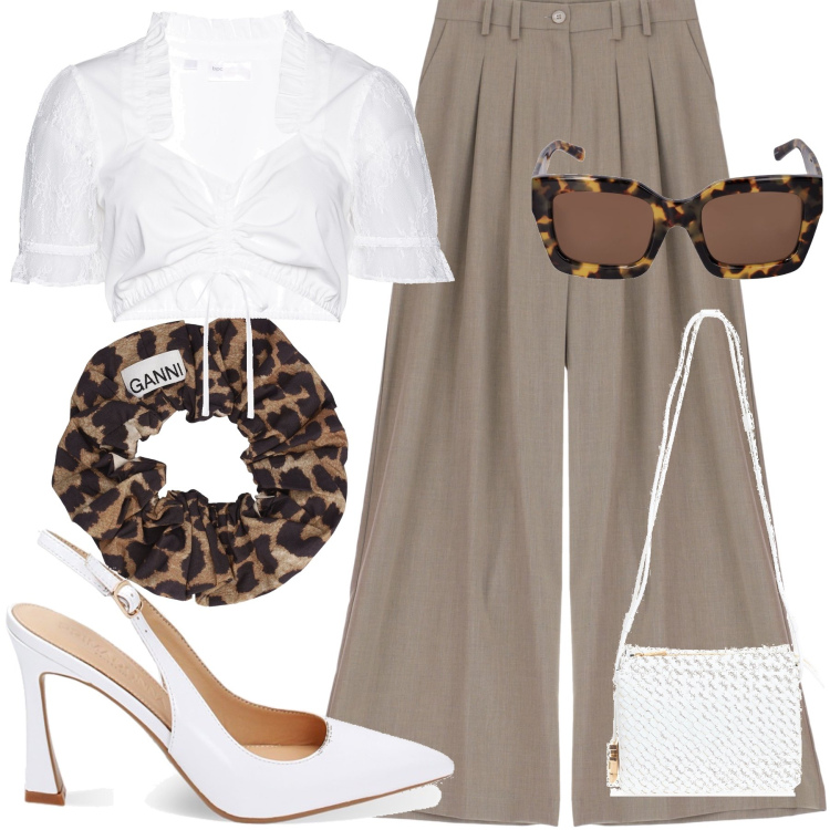 Outfit donna - Bianco, beige e animalier. Stile Casual chic per Cerimonia. Abbinamento con camicie, pantaloni a palazzo, borse a tracolla, décolleté, accessori per capelli, occhiali da sole.