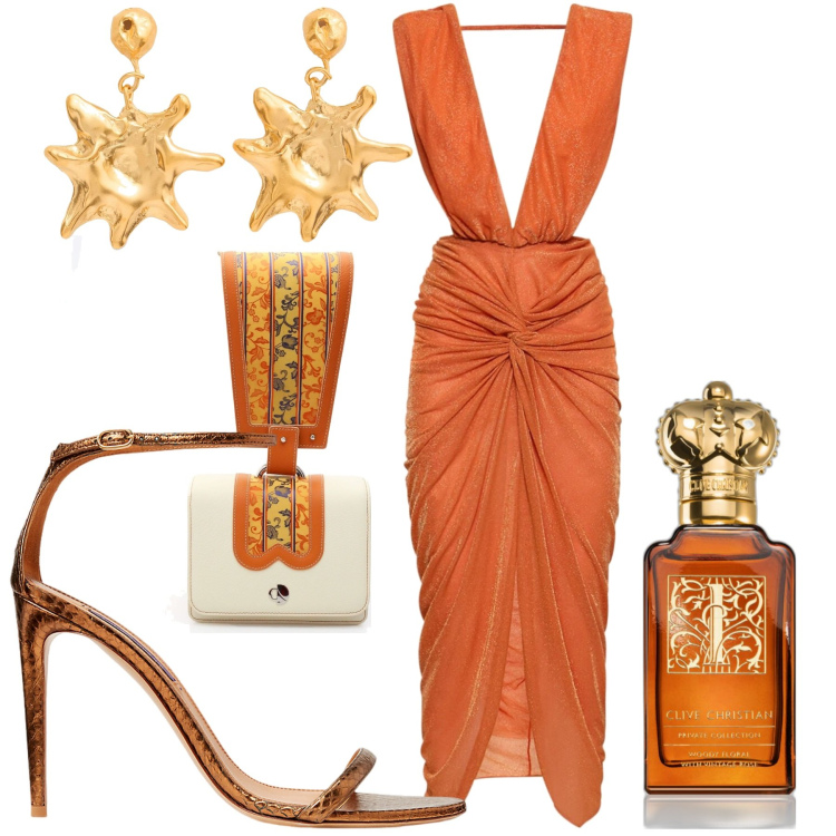Outfit donna - Serata. Stile Glamour per Serata fuori. Abbinamento con profumi, sandali col tacco, vestiti midi/longuette, borse a mano, orecchini.