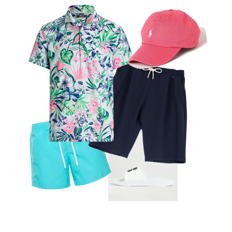 Outfit uomo - Polo hawaiana. Abbinamento con bermuda, polo, cappelli, costumi, sandali.